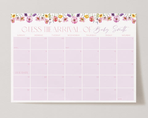 Baby Shower Due Date Calendar, Birth Date Sign, Baby Arrival Sign Printable, Baby in Bloom Baby Shower, Floral Baby Shower Due Date Sign