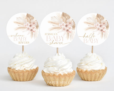 Boho Cupcake Toppers, Pink Girl Baby Shower Cupcake Toppers, Printable Cupcake Toppers, Editable Cupcake Toppers, Boho Floral Baby Shower