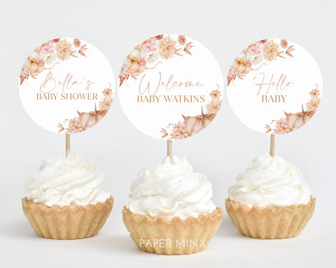 Fall Cupcake Toppers, Pumpkin Baby Shower Cupcake Toppers, Printable Cupcake Toppers, Editable Cupcake Toppers, Pink Fall Baby Shower Girl