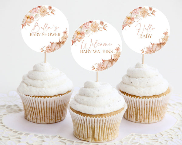Fall Cupcake Toppers, Pumpkin Baby Shower Cupcake Toppers, Printable Cupcake Toppers, Editable Cupcake Toppers, Pink Fall Baby Shower Girl