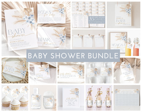 Boho Baby Shower Invitation Bundle, Printable Baby Shower Invitation and Editable Games, Baby Shower Decorations, Blue Boho Baby Shower Boy
