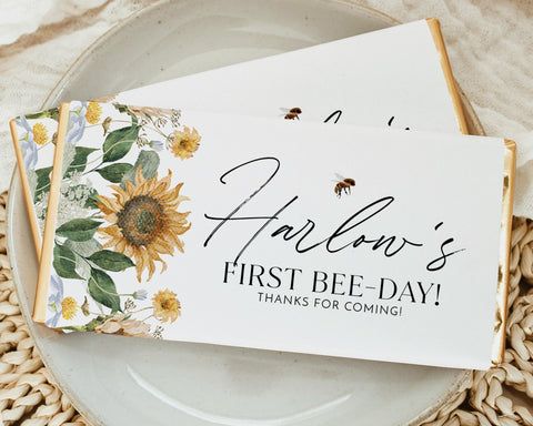 First Bee Day Chocolate Bar Wrapper Template, Printable Candy Bar Wrapper, Sunflower 1st Birthday Chocolate Labels, Bee Birthday Favors