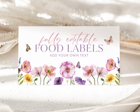 Wildflower Food Labels, Food Label Card, Food Tent Card, Wildflower Birthday Food Tags, Folded Food Cards, Tented Food Labels, Food Cards