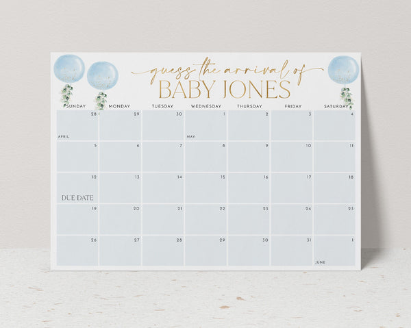 Baby Shower Due Date Calendar Boy, Blue Baby Birth Date Sign, Guess the Arrival Date Sign, Due Date Sign, Editable Printable Baby Shower