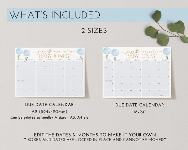 Baby Shower Due Date Calendar Boy, Blue Baby Birth Date Sign, Guess the Arrival Date Sign, Due Date Sign, Editable Printable Baby Shower
