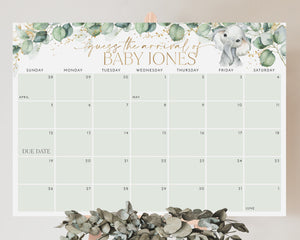 Baby Shower Due Date Calendar, Elephant Baby Birth Date Sign, Guess the Arrival Date Sign, Due Date Sign, Editable Printable Baby Shower