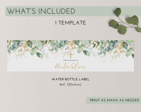 Baptism Water Bottle Label, Christening Water Label, Printable Water Bottle Label, Baptism Water Label Stickers, Greenery and Gold Baptism