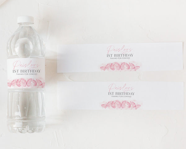 Butterfly Water Bottle Labels, Butterfly Birthday Water Labels, Printable Water Bottle Label, Pink Butterfly First Birthday Water Labels