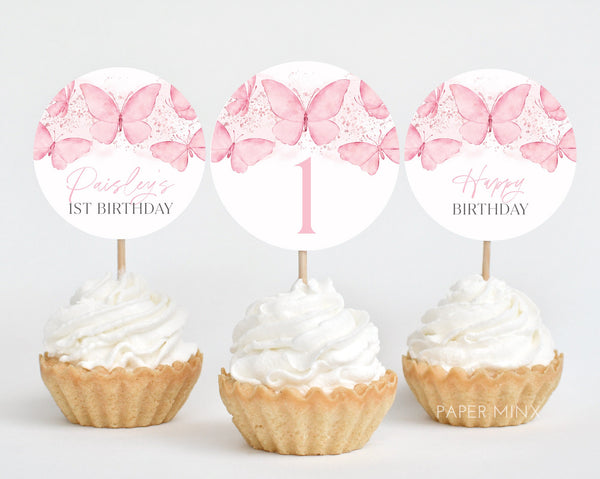 Butterfly Cupcake Toppers, Printable Cupcake Topper, Butterfly Birthday Cupcake Topper, Butterfly 1st Birthday Editable Cupcake Toppers Pink