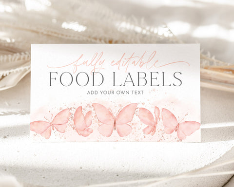 Editable Food Labels, Butterfly Food Label Card, 1st Birthday Food Tags, Folded Food Cards, Tented Food Labels, Peach Butterfly Food Cards