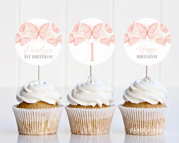 Butterfly Cupcake Toppers, Printable Cupcake Topper, Butterfly Birthday Cupcake Topper, Butterfly 1st Birthday Editable Cupcake Topper Peach