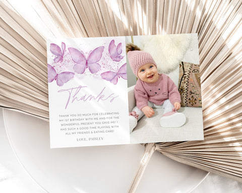 Birthday Thank You Card, Purple Butterfly Thank you, 1st Birthday Girl Butterfly Birthday Card, Thank You Birthday Butterfly Party Decor