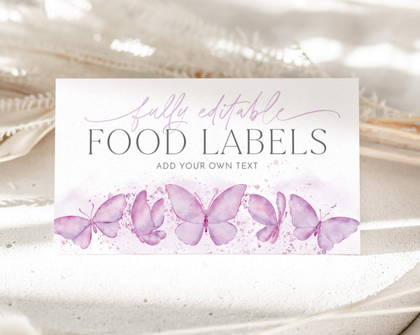Editable Food Labels, Butterfly Food Label Card, 1st Birthday Food Tags, Folded Food Cards, Tented Food Labels, Purple Butterfly Food Cards