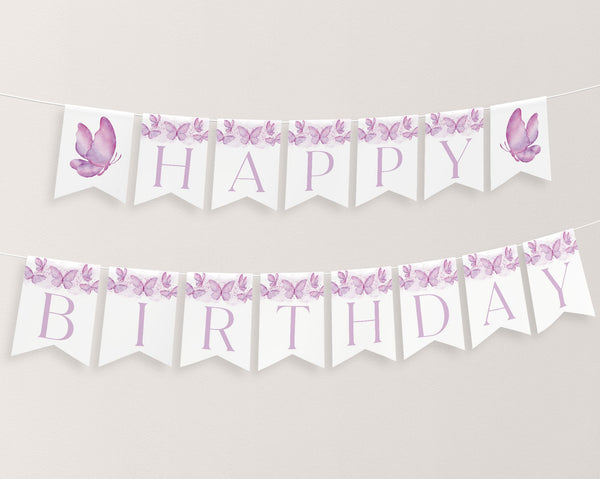 Butterfly Birthday Banner, Happy Birthday Banner Printable, 1st Birthday Decor Purple Butterfly Birthday Banner Editable, Happy Birthday