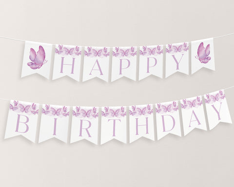 Butterfly Birthday Banner, Happy Birthday Banner Printable, 1st Birthday Decor Purple Butterfly Birthday Banner Editable, Happy Birthday