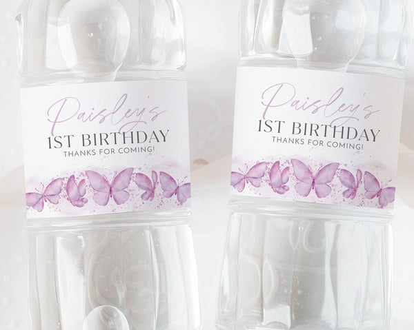 Butterfly Water Bottle Labels, Butterfly Birthday Water Labels, Printable Water Bottle Label, Purple Butterfly First Birthday Water Labels