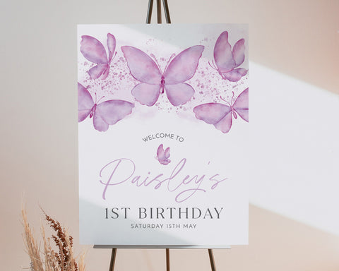 Butterfly 1st Birthday Welcome Sign, Purple Butterfly Birthday Welcome Sign, 1st Birthday Sign, Butterfly Party Decor, Birthday Welcome Sign