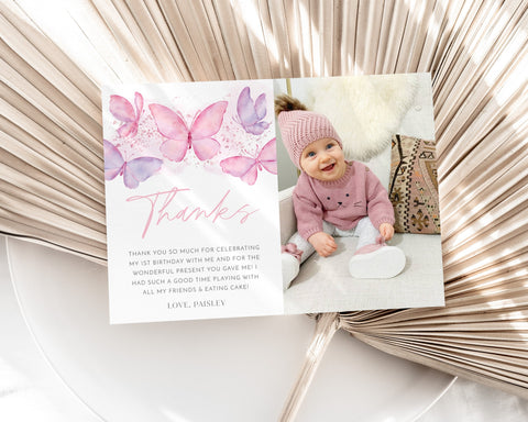 Birthday Thank You Card, Butterfly Thank you, 1st Birthday Butterfly Thank You Card, Pink Purple Butterfly Birthday Party Decor, Butterflies