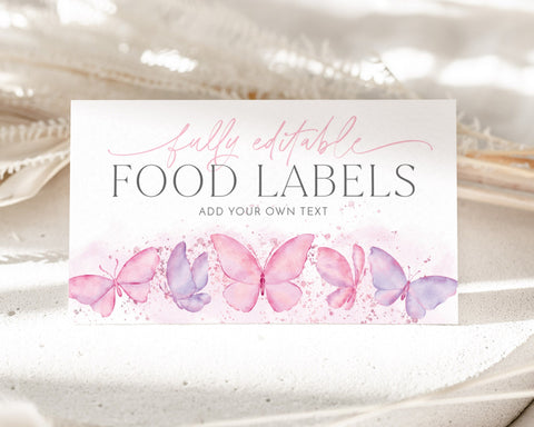 Editable Food Labels, Butterfly Food Label Card, 1st Birthday Food Tags, Folded Food Cards, Tented Food Labels, Pink Butterfly Food Cards