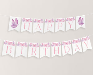Butterfly Birthday Banner, Happy Birthday Banner Printable, 1st Birthday Decor Pink Butterfly Birthday Banner Editable, Happy Birthday Pink