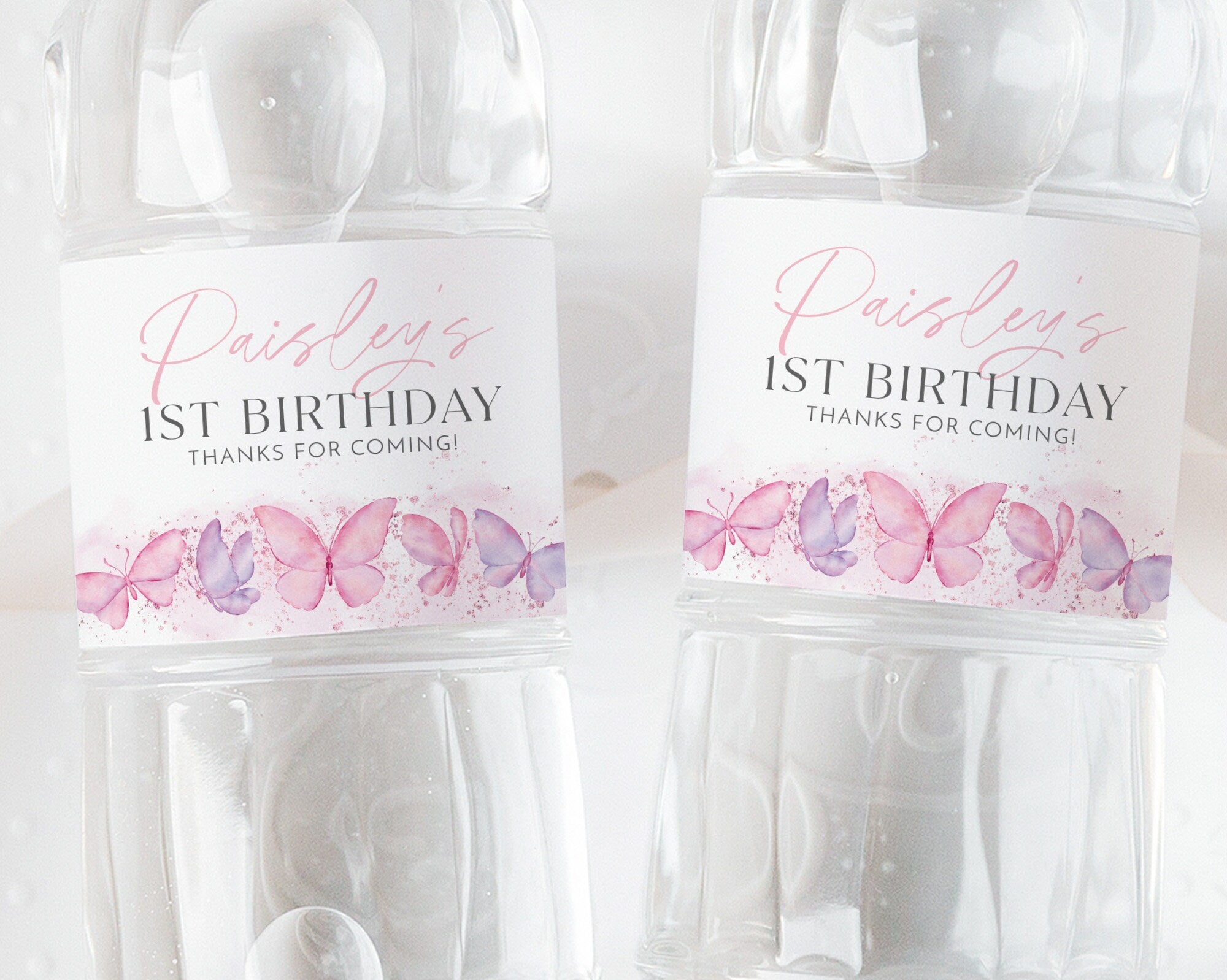 Butterfly Water Bottle Labels, Butterfly Birthday Water Labels, Printable Water Bottle Label, Pink Butterfly 1st Birthday Water Label Purple