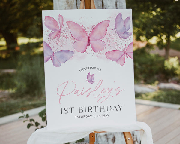 Butterfly 1st Birthday Welcome Sign, Pink Butterfly Birthday Welcome Sign, 1st Birthday Sign, Butterfly Party Decor, Birthday Welcome Sign