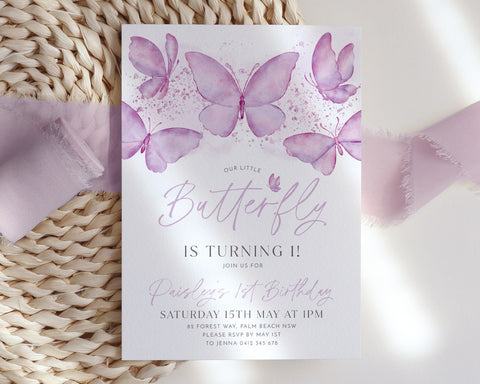 Butterfly Birthday Invitation, 1st Birthday Invite, First Birthday Invitation, Purple Butterfly Birthday Party, 1st Birthday Girl Invitation