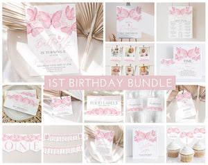 Butterfly Birthday Invitation Bundle, Pink Butterfly Invitation, 1st Birthday Girl, First Birthday Decorations, Butterfly Party Decorations