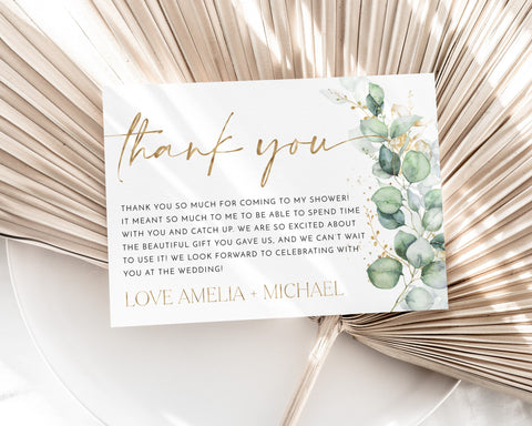Thank You Card Template, Printable Thank You Card, Instant Download Thank You Cards, Bridal Shower Thank You, Greenery Thank You Card Gold