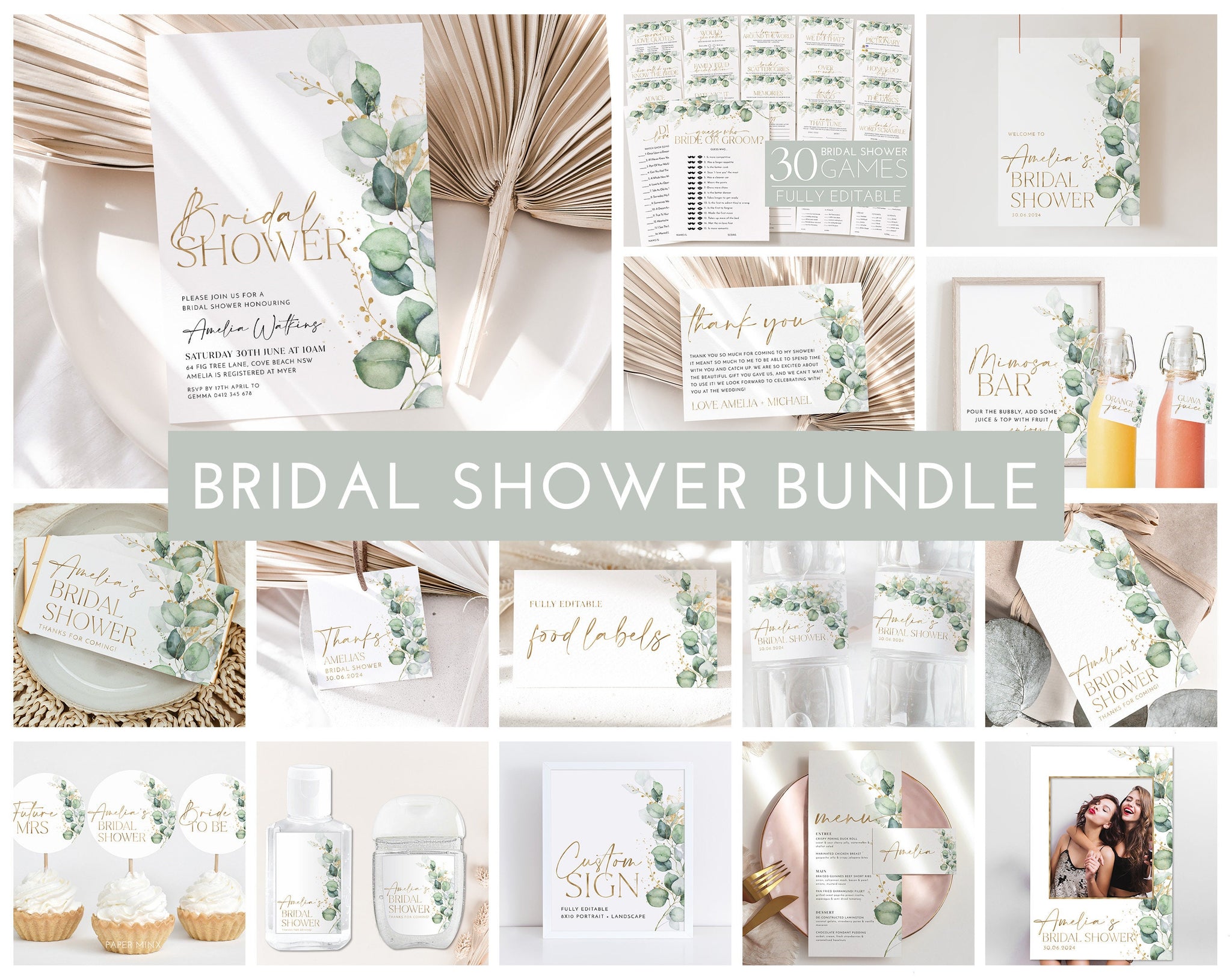 Bridal Shower Invitation Bundle, Greenery Bridal Shower Invitation and Games Bundle, Editable Games, Printable Greenery Bridal Shower Pack