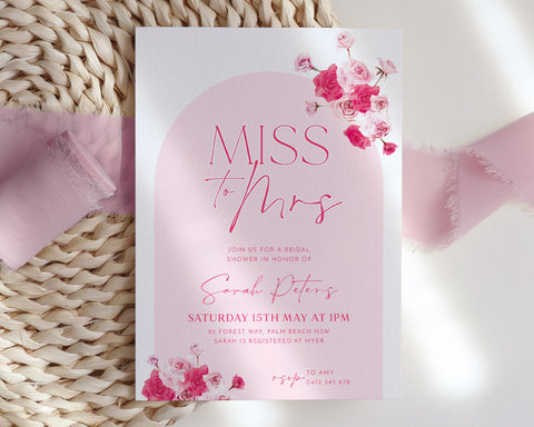 Bridal Shower Invitation, Hot Pink Roses, Bright Pink Invitation, Pink Floral Invitation, Miss to Mrs Invitation, Printable Template, Arch