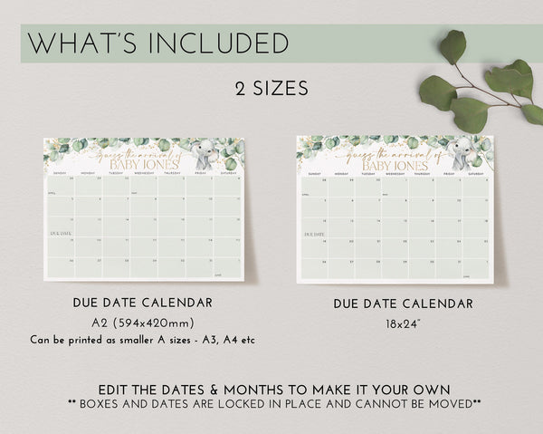 Baby Shower Due Date Calendar, Elephant Baby Birth Date Sign, Guess the Arrival Date Sign, Due Date Sign, Editable Printable Baby Shower