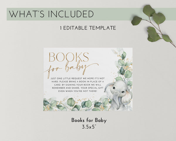 Books For Baby Card Printable, Book Request Card, Elephant Baby Shower Book For Baby, Greenery Invitation, Greenery Baby Shower Printables