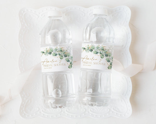 Greenery Water Bottle Label, Bridal Shower Water Label, Printable Water Bottle Label, Greenery Gold Bridal Shower Water Label Stickers Gold