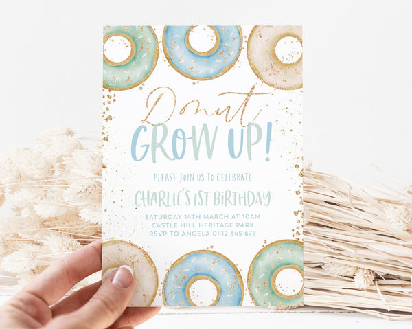 Donut Party Invitation, Donut First Birthday Invite, 1st Birthday Boy, Sweet One Birthday, Boys First Birthday, Donut Grow Up, Donut Blue