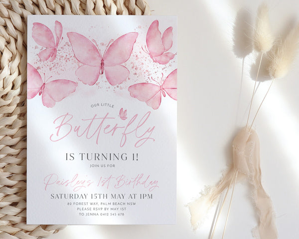 Butterfly Birthday Invitation, 1st Birthday Invite, First Birthday Invitation, Pink Butterfly Birthday, Birthday Girl, Girl Butterfly Party