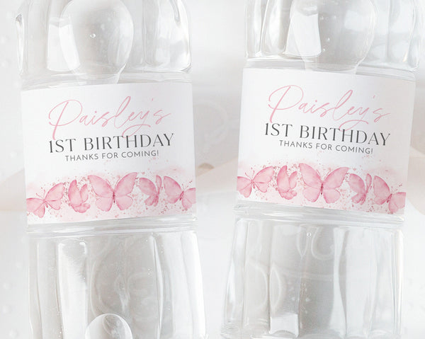 Butterfly Water Bottle Labels, Butterfly Birthday Water Labels, Printable Water Bottle Label, Pink Butterfly First Birthday Water Labels