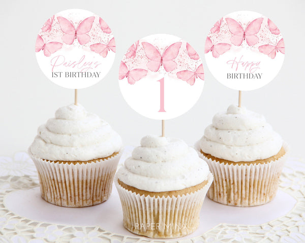 Butterfly Cupcake Toppers, Printable Cupcake Topper, Butterfly Birthday Cupcake Topper, Butterfly 1st Birthday Editable Cupcake Toppers Pink