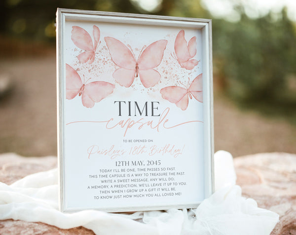 Butterfly First Birthday Time Capsule, 1st Birthday Time Capsule Sign, Butterfly Girls 1st Birthday, First Birthday Girl Time Capsule Peach