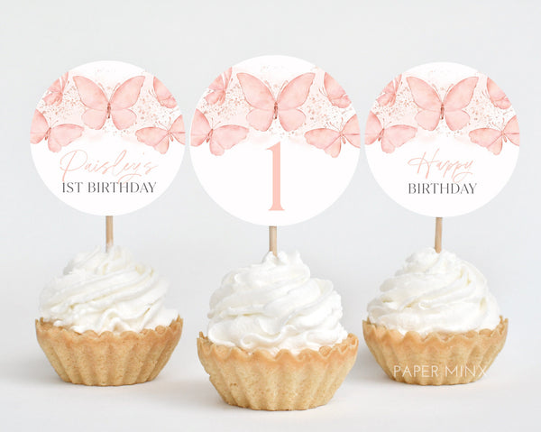 Butterfly Cupcake Toppers, Printable Cupcake Topper, Butterfly Birthday Cupcake Topper, Butterfly 1st Birthday Editable Cupcake Topper Peach