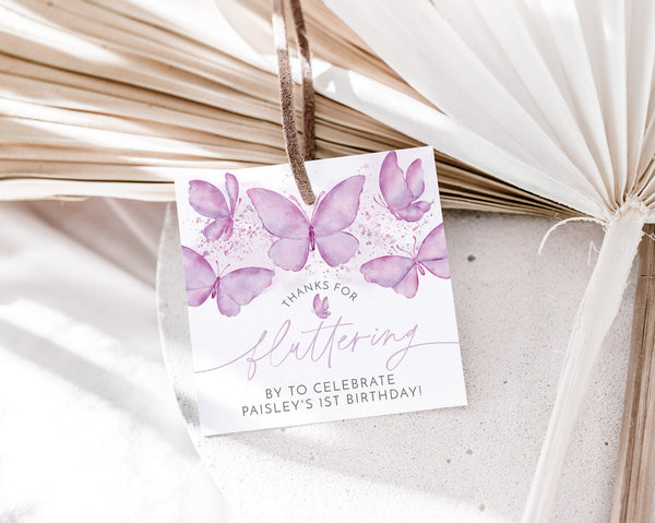 Butterfly Favor Tag, Birthday Thank You Tags, Purple Butterfly Birthday Gift Tags, Girl First Birthday, Butterfly 1st Birthday Favour Tags