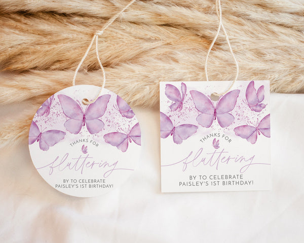 Butterfly Favor Tag, Birthday Thank You Tags, Purple Butterfly Birthday Gift Tags, Girl First Birthday, Butterfly 1st Birthday Favour Tags