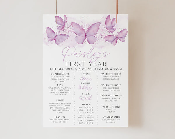 First Birthday Milestone Board Template, Purple Butterfly Milestone Board, Baby Milestone Sign, Butterfly Milestone Poster Birthday Girl