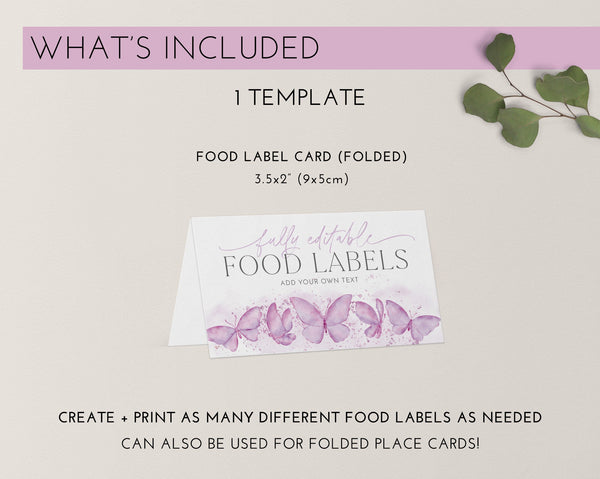Editable Food Labels, Butterfly Food Label Card, 1st Birthday Food Tags, Folded Food Cards, Tented Food Labels, Purple Butterfly Food Cards