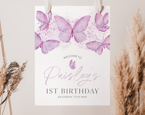 Butterfly 1st Birthday Welcome Sign, Purple Butterfly Birthday Welcome Sign, 1st Birthday Sign, Butterfly Party Decor, Birthday Welcome Sign