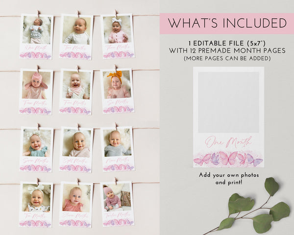 Butterfly 1st Year Photo Banner, Butterfly Birthday Milestone Photos, Baby's First Year Month Photos, Monthly Photo Banner Pink Butterflies