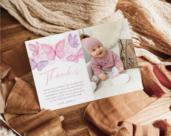 Birthday Thank You Card, Butterfly Thank you, 1st Birthday Butterfly Thank You Card, Pink Purple Butterfly Birthday Party Decor, Butterflies
