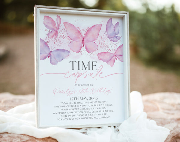 Butterfly First Birthday Time Capsule, 1st Birthday Time Capsule Sign, Butterfly Girls 1st Birthday, First Birthday Girl Time Capsule Purple