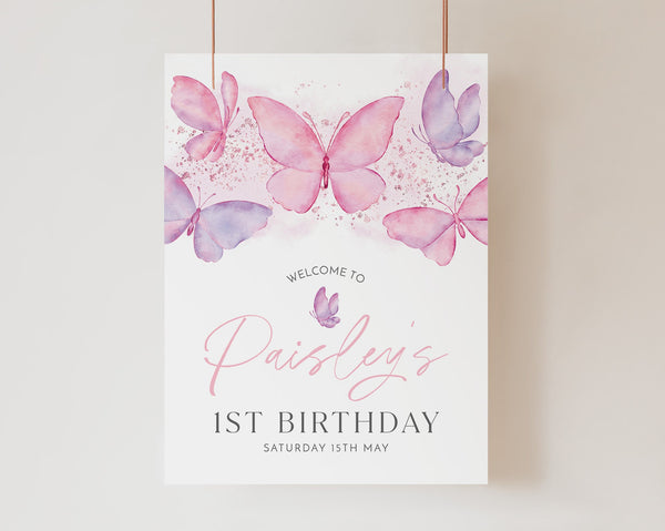 Butterfly 1st Birthday Welcome Sign, Pink Butterfly Birthday Welcome Sign, 1st Birthday Sign, Butterfly Party Decor, Birthday Welcome Sign