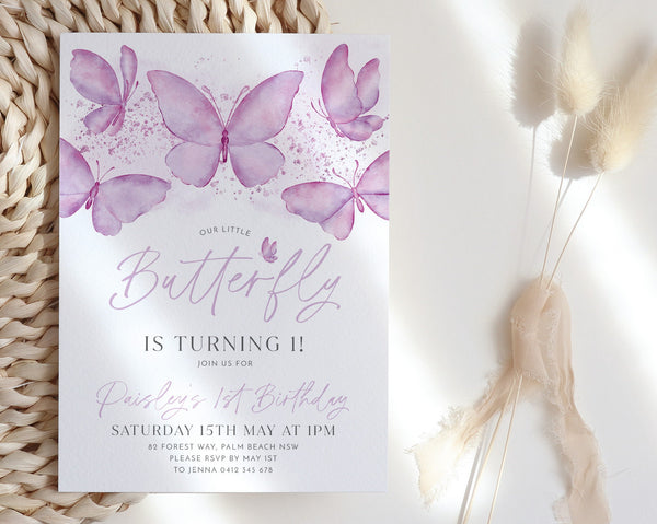 Butterfly Birthday Invitation, 1st Birthday Invite, First Birthday Invitation, Purple Butterfly Birthday Party, 1st Birthday Girl Invitation